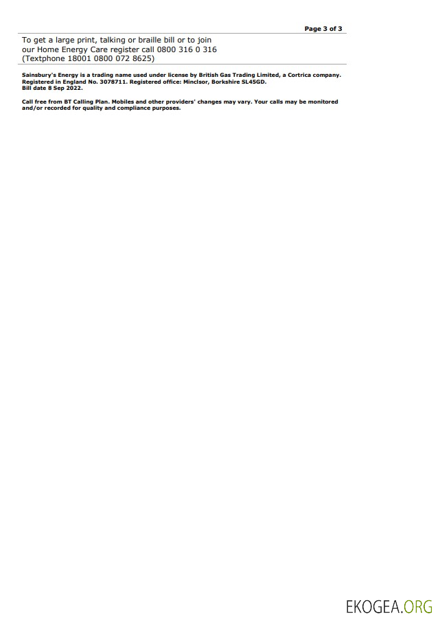 United Kingdom sainsbury’s energy (british gas) bill, word and pdf template, 3 pages 3 template